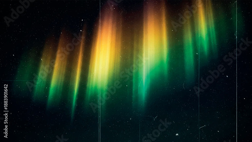 Grainy textured abstract dark background with green yellow aurora-like vertical light streaks