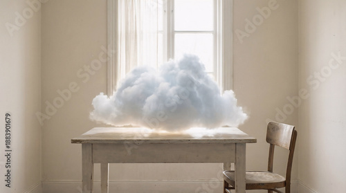 A dreamy, luminous cloud descends gently upon an aged wooden table, casting an ethereal glow across a minimalist room, a poetic vision of surreal quietude