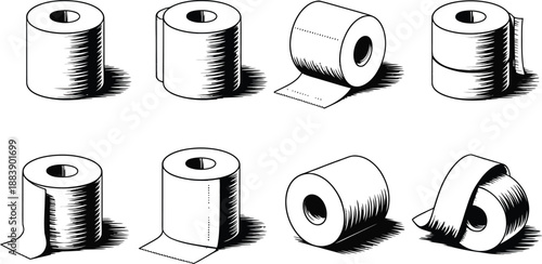 Eight Toilet Paper Rolls Illustration , toilet, paper, roll, rolls, illustration, black, white, 