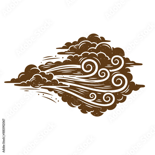 Drawing Vintage grunge  texture Brown cloud with swirling wind illustration  weather symbol  stormy weather icon  meteorological sign
