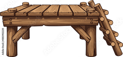 Rustic wooden platform with log ladder, outdoor construction vector artwork for playgrounds or nature trails