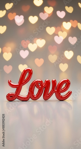Love word brightly shines under bokeh heart lights