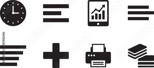 Collection of eight black on white background clock