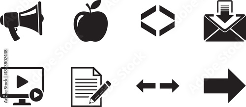 Collection of eight black on white background megaphone