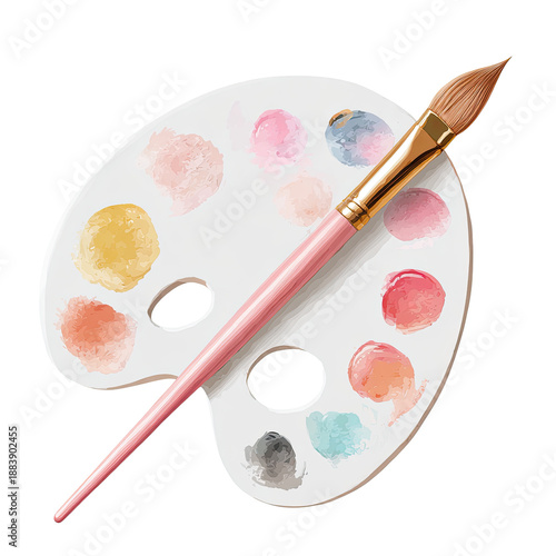 Artistic depiction of a classic white paint palette and a brush, showcasing vibrant watercolor hues