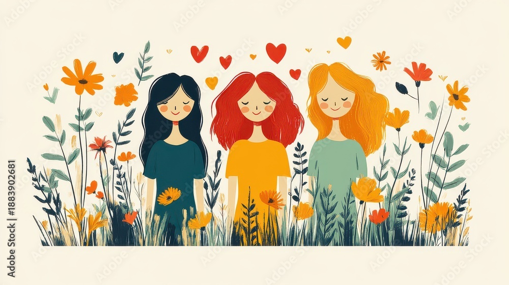 Fototapeta premium Three smiling women with diverse hair colors stand amidst a vibrant wildflower meadow.