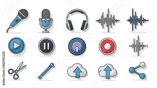 Flat design vector icons for audio recording, podcasting, and sound production.