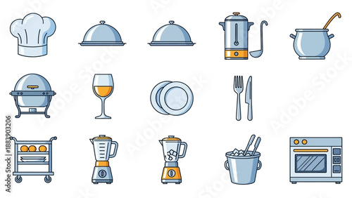 Vector set of various kitchenware and restaurant equipment illustrations.