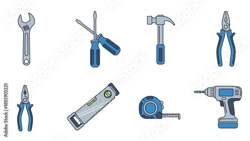 Collection of diverse construction and DIY repair tools on white background.