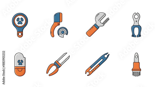 Collection of pet grooming tools and animal care items