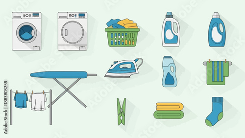 Flat Design Vector Icons for Laundry and Household Chores.