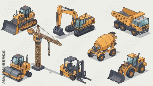 Collection of isometric construction vehicles and heavy machinery