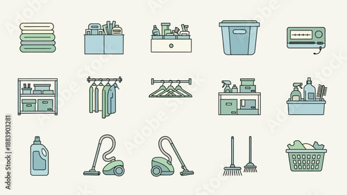 Minimalist Household Cleaning and Organization Icons Set