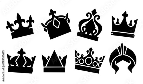 Bold crown glyph vector icon set for luxury branding and logos