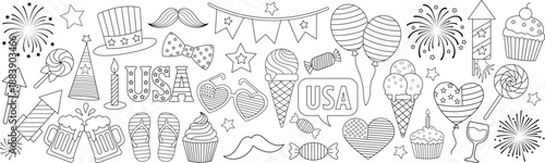 USA independence day outline coloring page collection with patriotic party hat elements fireworks food and celebration icons