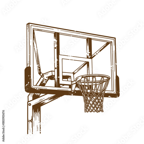 Drawing Vintage grunge  texture Brown illustration of a basketball hoop with backboard and net attached to a post  sports equipment for playing basketball