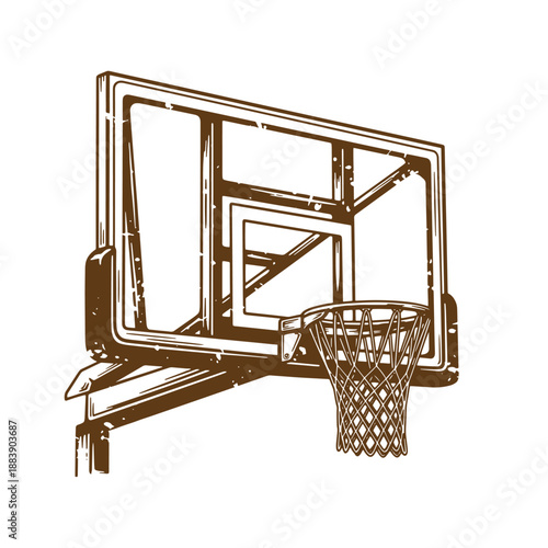 Drawing Vintage grunge  texture Brown basketball hoop with backboard and net on white background  sports equipment illustration