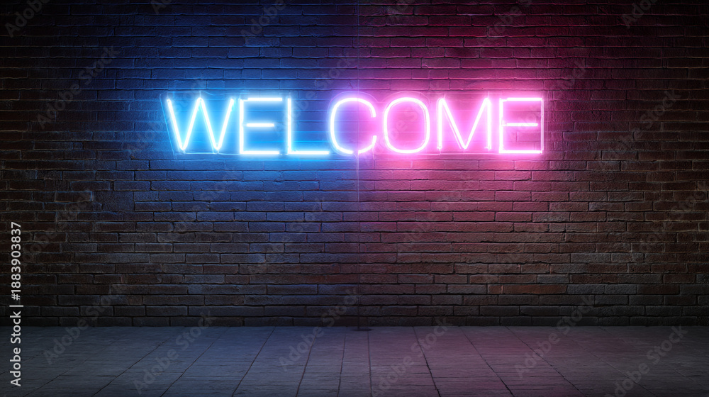 Obraz premium Welcome Neon Sign on Dark Brick Wall with Pavement