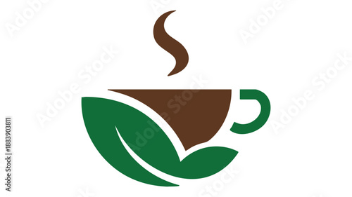 Steaming cup of coffee with green leaves