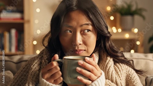 Woman Relaxing on Sofa with Warm Beverage.