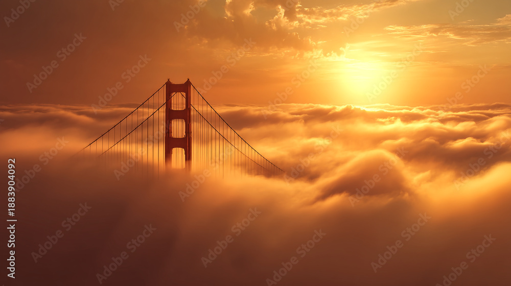 Fototapeta premium Golden Gate Bridge Emerging from Fog Above Clouds at Sunrise