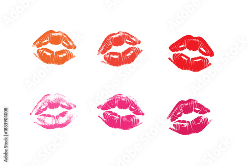 PrinRed lipstick kiss prints in a row symbol of love set, beauty, and romance perfect for valentines day or any romantic occasion, vector design template