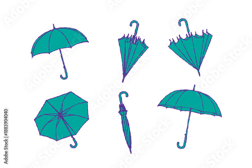 Umbrellas doodle hand drawn set. Different Umbrellas in various positions open, closed and folded. Rain protecting accessories with handles of different design, type. vector illustration