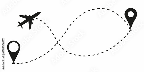 Airplane flight path with location markers indicating travel and destination points