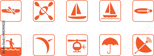 A collection of orange square icons illustrating outdoor water sports and recreational activities