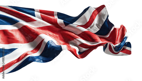 A vibrant photo depicts a British flag waving dynamically, with flowing fabric details