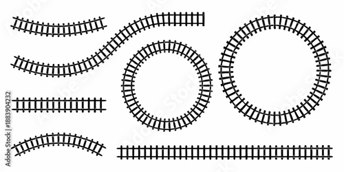 Simple illustration of curved and straight railway tracks in a black and white design