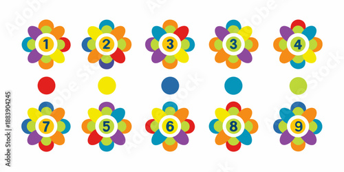Colorful flower graphics with numbers and corresponding colored circles displayed