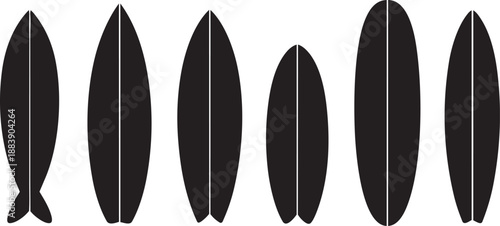 A collection of six different black surfboard silhouettes displayed neatly on a white background