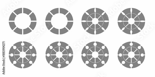 A series of circular designs with varying internal divisions and shading
