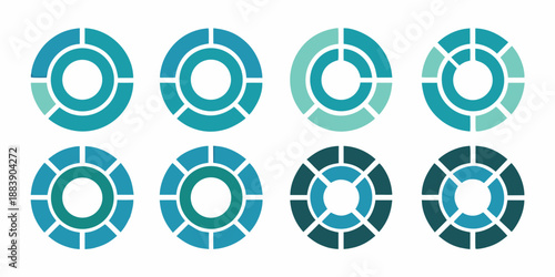 Eight circular icons with segmented designs in varying shades of blue and teal