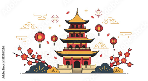 Traditional Chinese Pagoda Celebrated with Lanterns and Blossoms in Vibrant Festival Scene