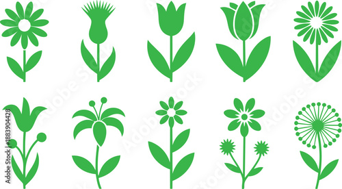 A diverse grid of various green flower silhouettes with stems and petals on a white background