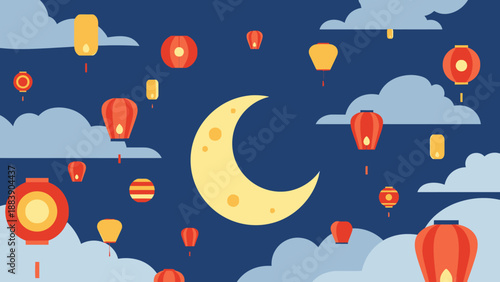 Crescent Moon with Lanterns in Clouds.