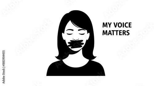 Silhouette woman with tape over mouth and my voice matters text