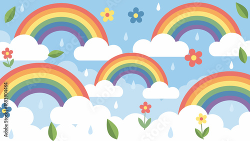 Rainbows and Clouds with Colorful Flowers.
