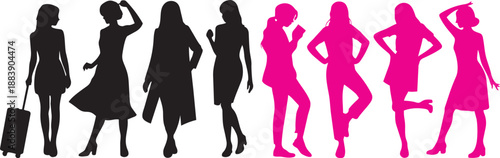 A diverse group of womens full body silhouettes displaying various fashionable poses and styles