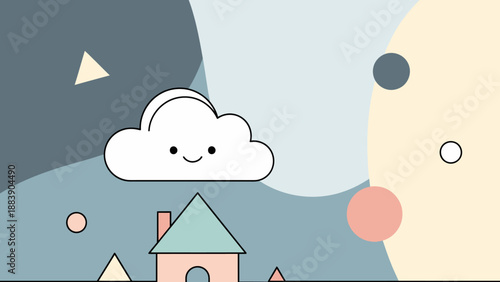 Smiling Cartoon Cloud Above House Illustration.