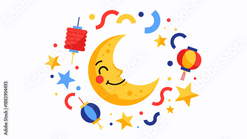 Smiling Cartoon Moon with Celebration Elements.