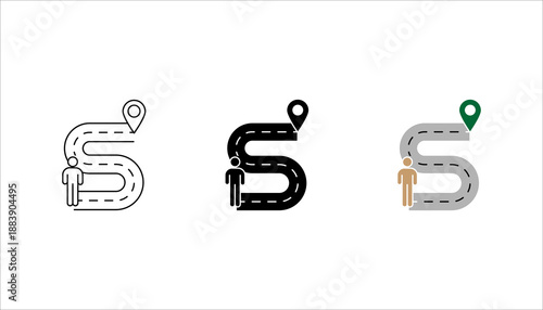 User Journey Navigation Icon set. illustrating a person following a curved road with a location pin, representing navigation, journey, route planning, and travel path.