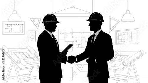 Two silhouetted engineers or architects shaking hands in an office with blueprints and architectural drawings, symbolizing a business agreement or partnership.