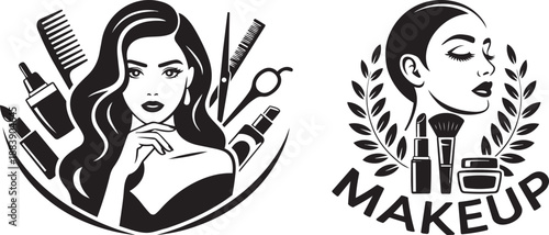 Beautiful woman with long hair surrounded by makeup and hairstyling tools for beauty branding