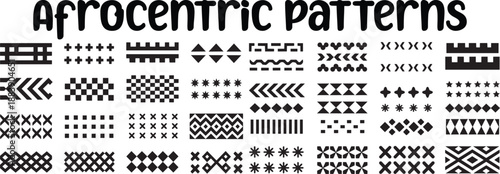 A vibrant collection of diverse Afrocentric geometric patterns and tribal design elements on a clean white background