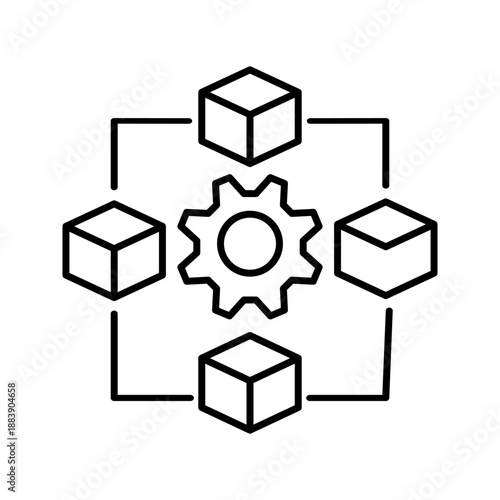 Outline icon of a gear connected with cubes, representing blockchain system, decentralized network, digital process, and technology infrastructure.