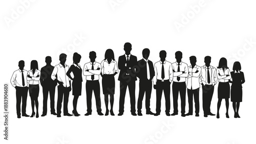 A large group of diverse business professionals standing together in silhouette, representing teamwork and corporate unity.