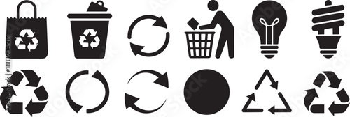 Black icons representing recycling, waste management, environmental conservation, and eco friendly practices